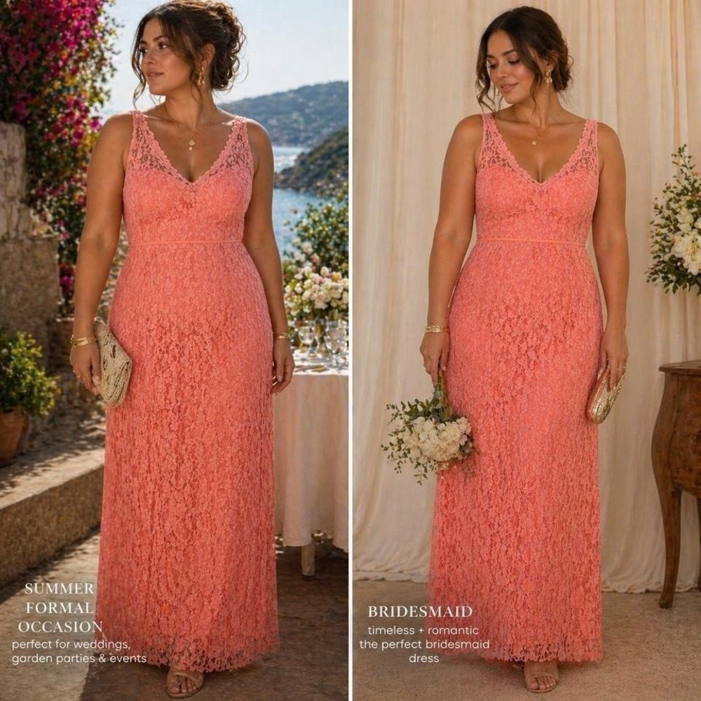 David's Bridal Coral Lace Maxi Dress Sz 16 Formal Wedding Bridesmaid Coquette
